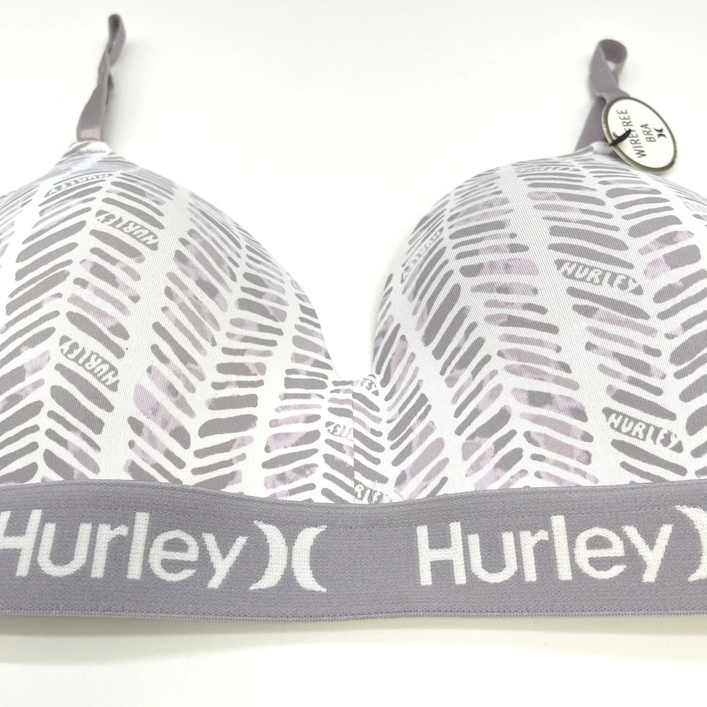 Hurley Wirefree Bra Women 34C Stretch Herringbone Logo Sporty Coastal Beach